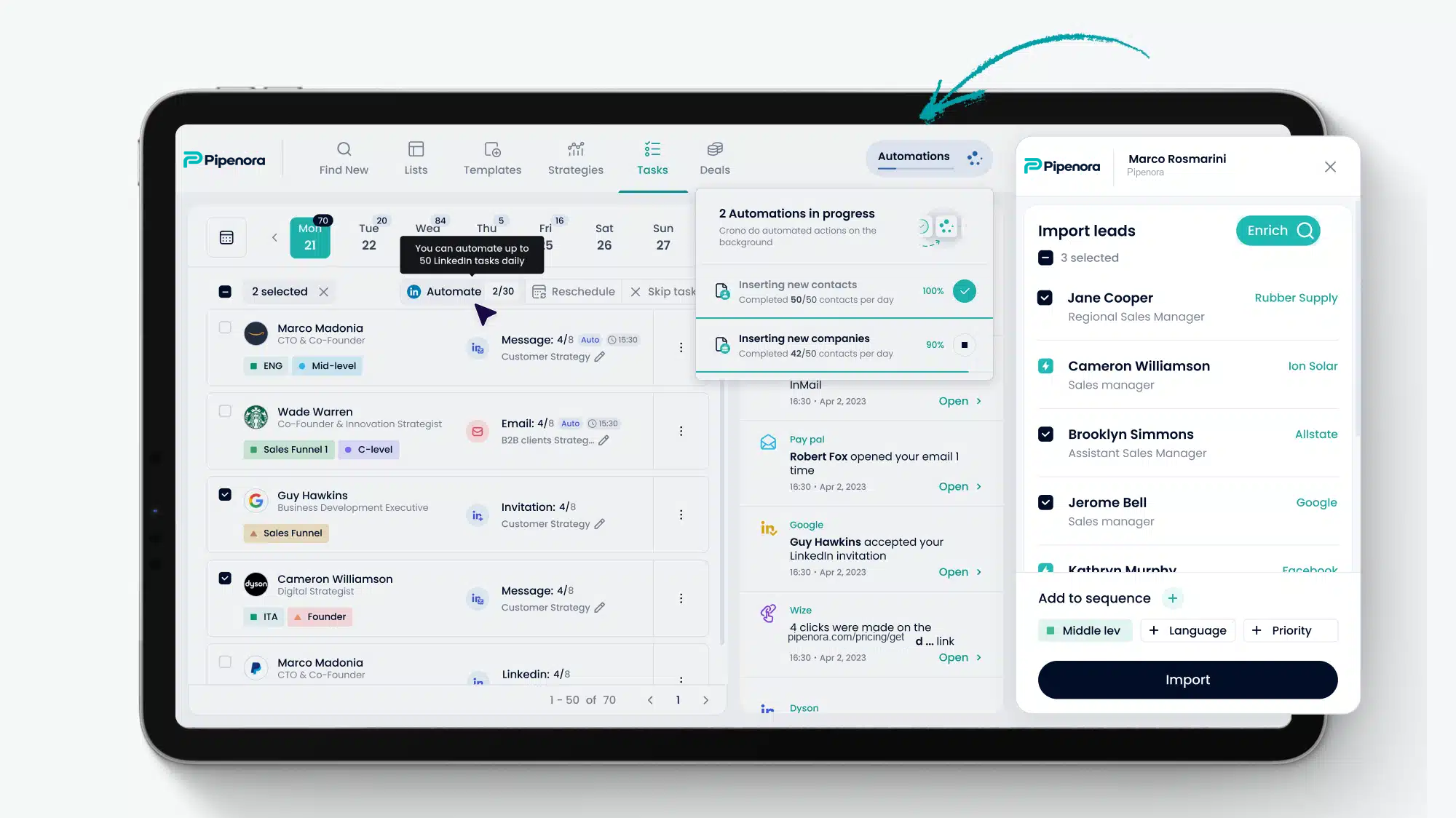 Pipenora platform screenshot with main features